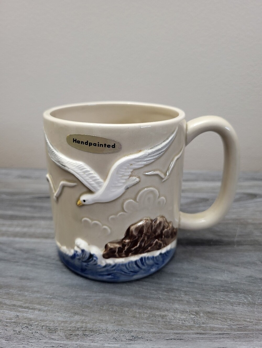 Vintage Otagiri Seagull Ocean Handpainted 3D Ceramic Mug 1970s Japan